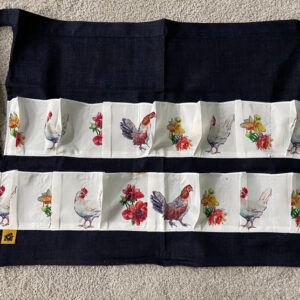 Navy Denim Egg Apron with Chicken Print Pockets - 14 Pockets Hand Sewn!