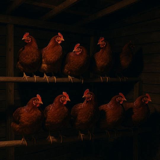Chickens perched on wooden roosting bars inside a coop