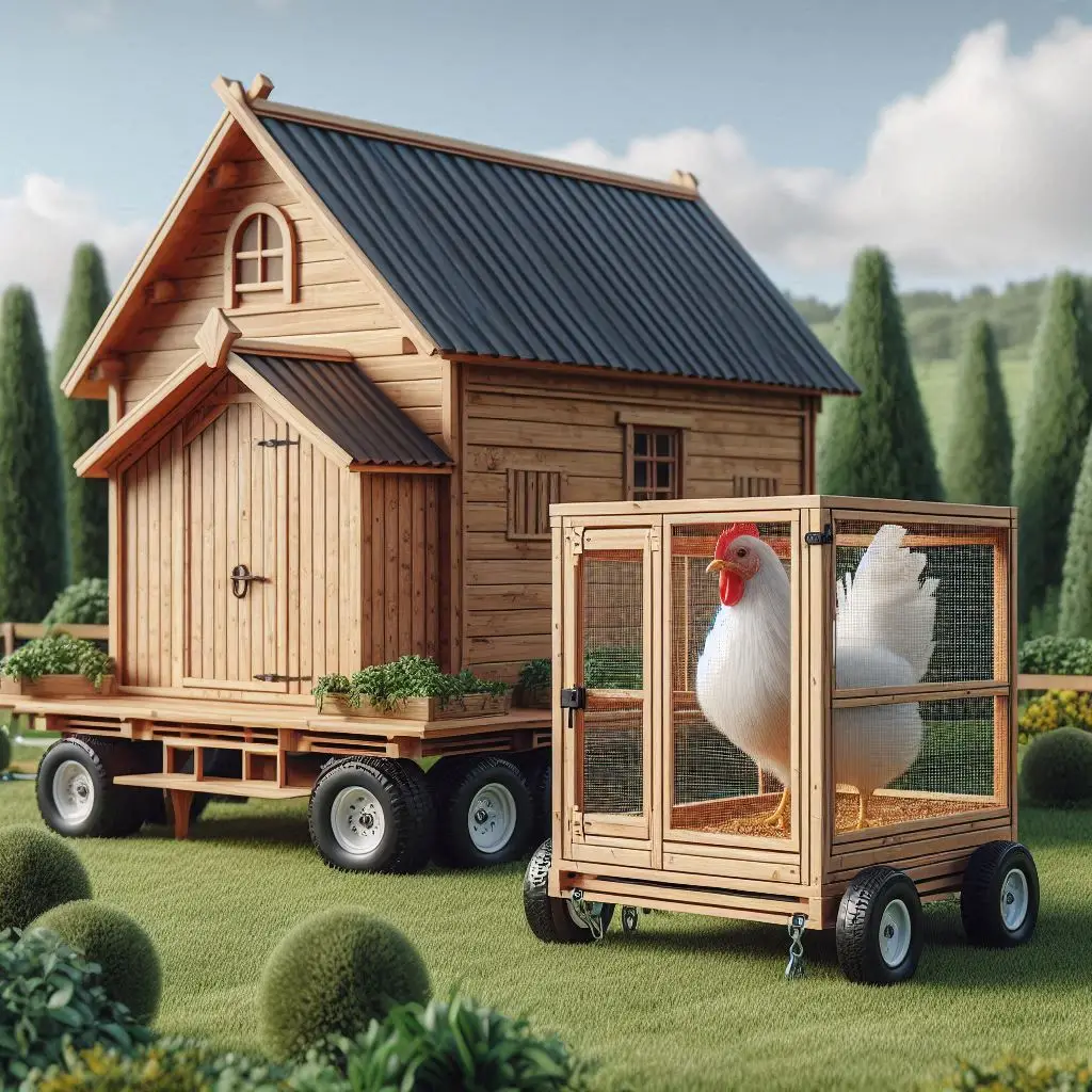 portable chicken coop with wheels next to stationary wooden chicken coop in backyard