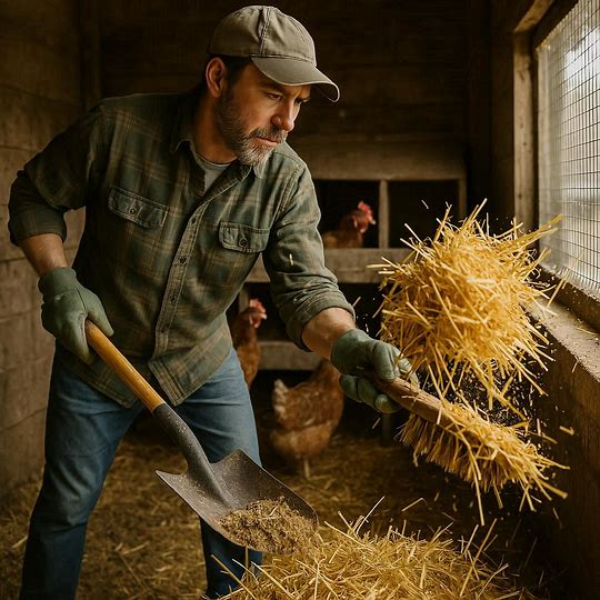 Farmer cleaning a chicken coop with fresh straw and bedding