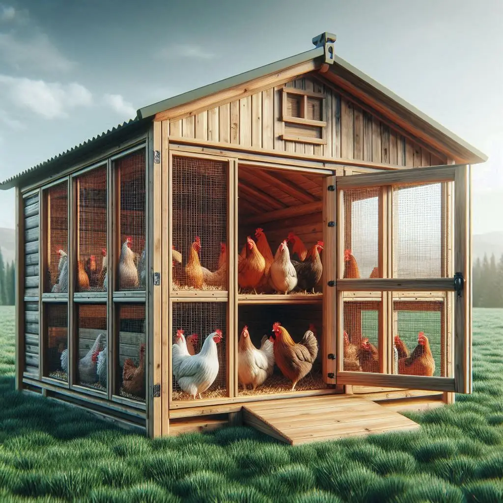 walk in chicken coop with open door and hens inside and outside

