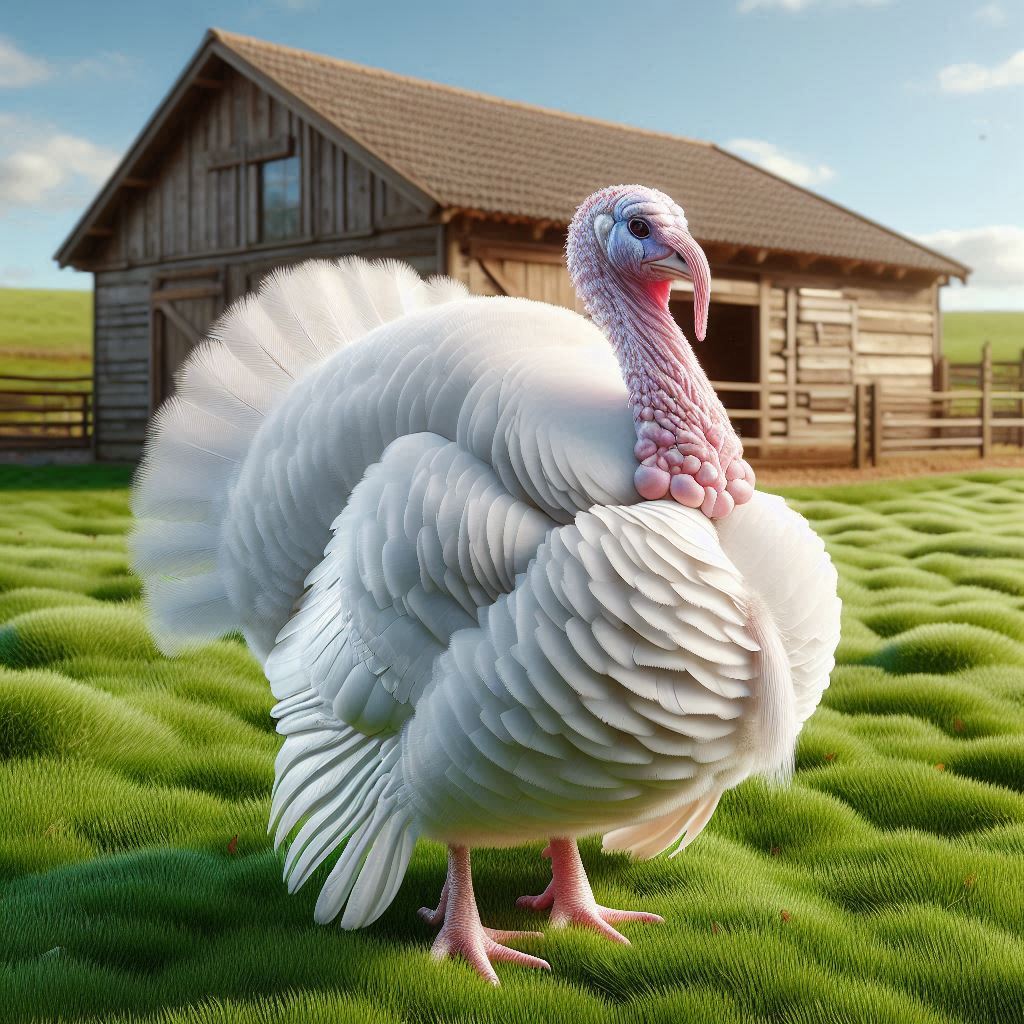 broad breasted white turkey standing on green grass near wooden poultry shelter

