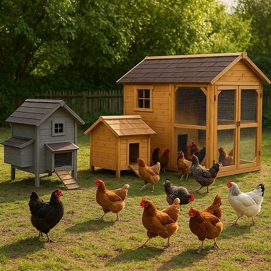 Different chicken coops for small, medium, and large flocks