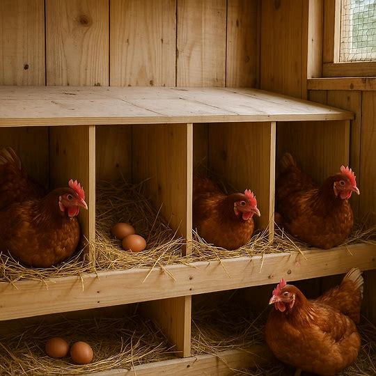 Chicken coop nesting boxes with straw and hens laying eggs