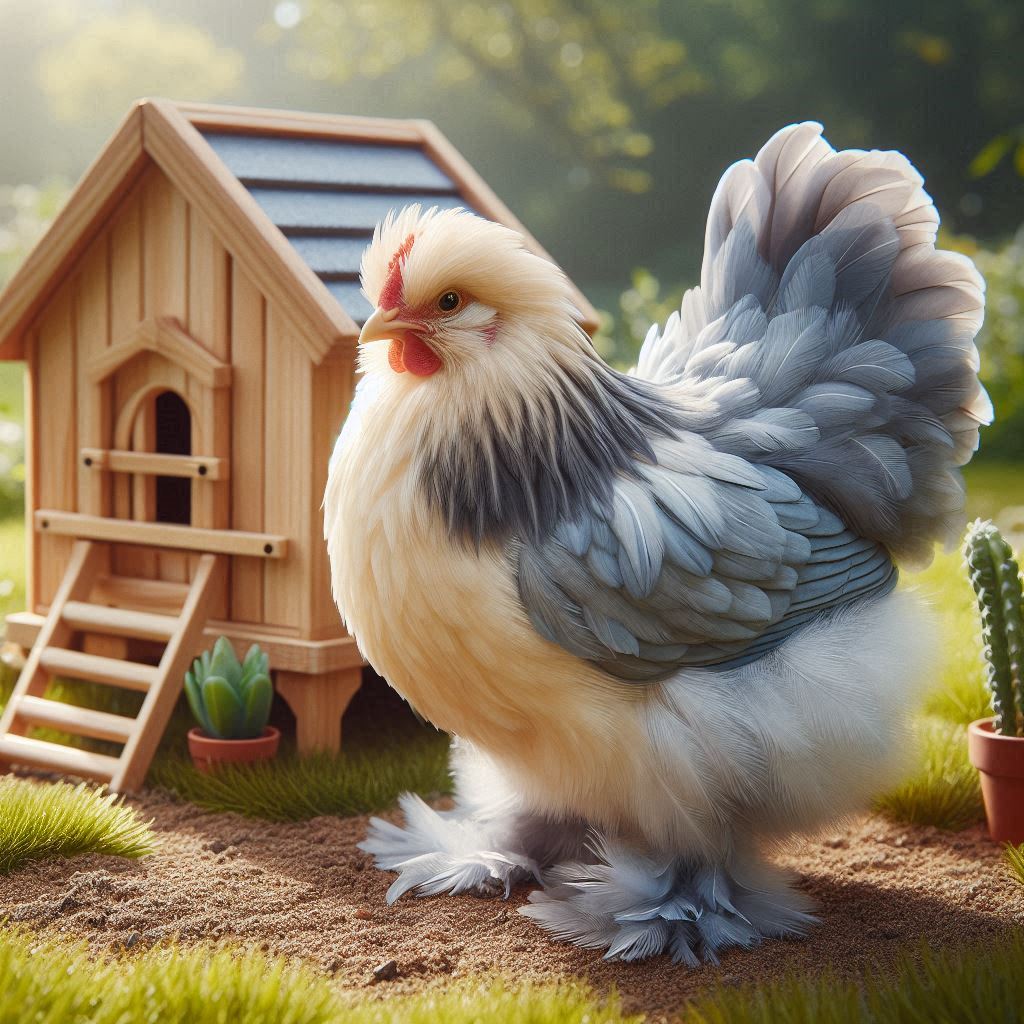 porcelain d'uccle bantam hen with blue-grey and cream feathers near small wooden chicken coop