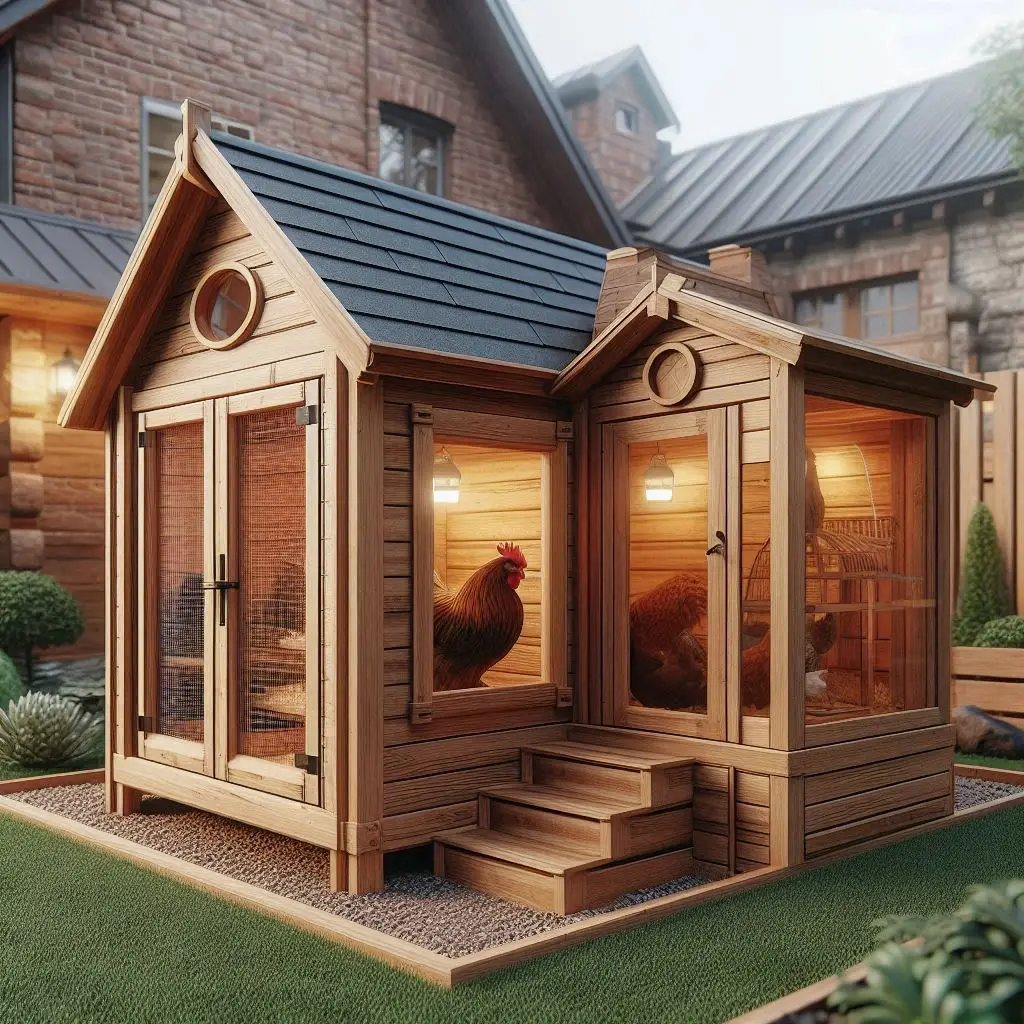 amish built chicken coop next to prefab chicken coop in backyard