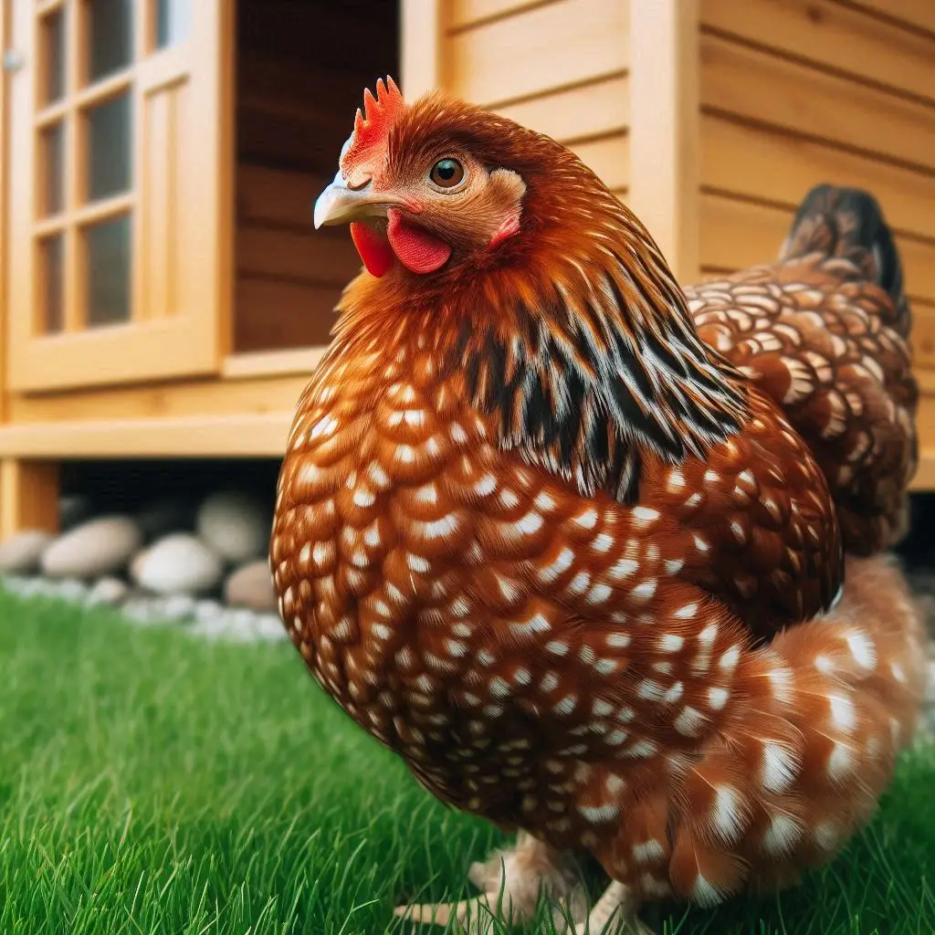 speckled sussex chicken with mahogany and white speckled feathers near backyard chicken coop