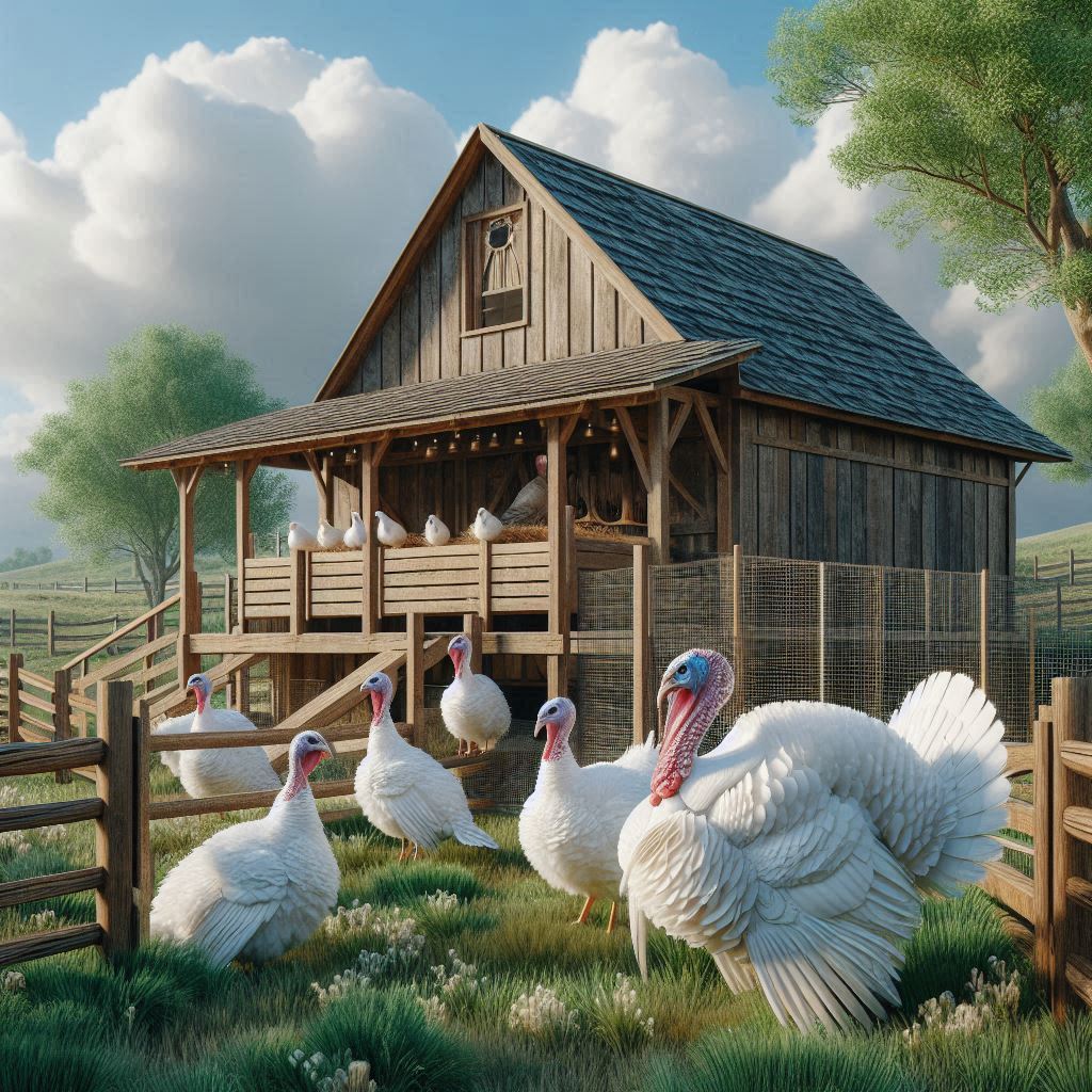 Broad Breasted White turkeys standing near a large wooden coop with a run in a sunny backyard