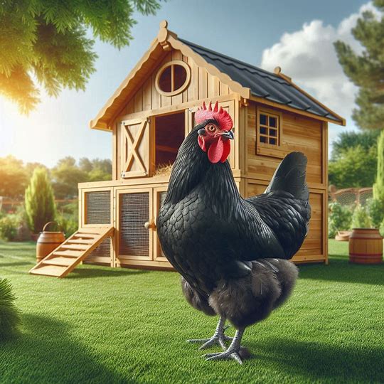Black Rosecomb chicken standing near a premium wooden chicken coop with a run on green grass in a backyard