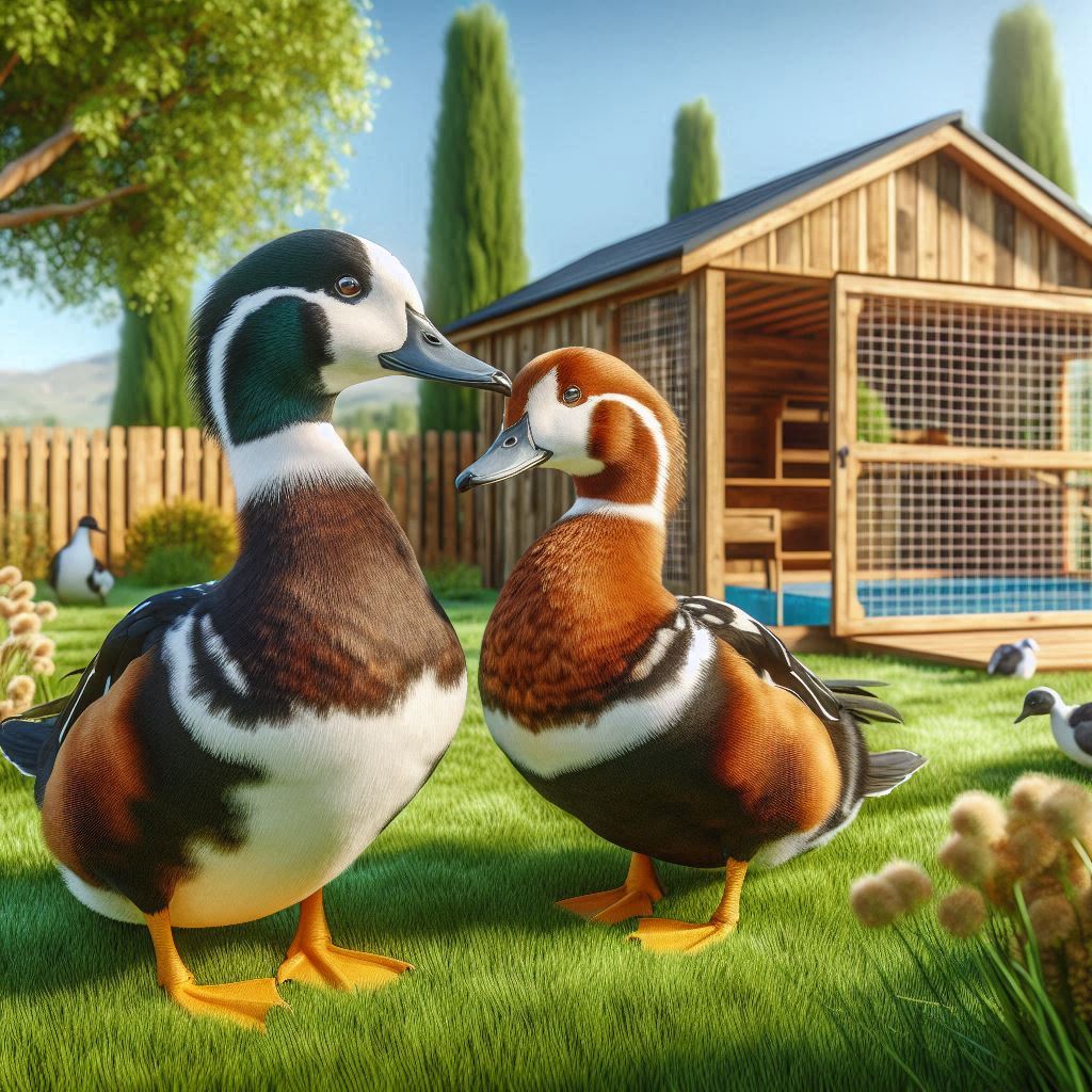 Welsh Harlequin ducks standing in front of a large wooden duck coop with a run in a sunny backyard